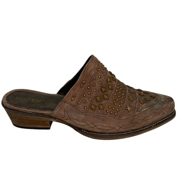 ROPER Shoes Studded Mules Brown Distressed Leather Embroidered NWT Size 9 - Picture 4 of 12